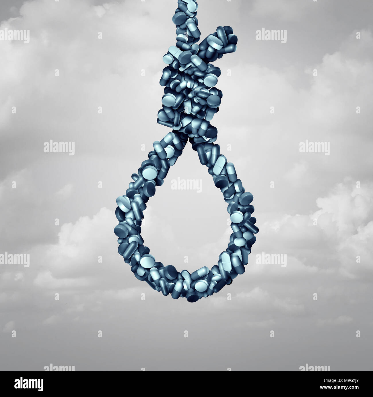 Opioid suicide health risk trap and medical crisis with a prescription painkiller addiction epidemic concept as a group of pills shaped as a noose. Stock Photo