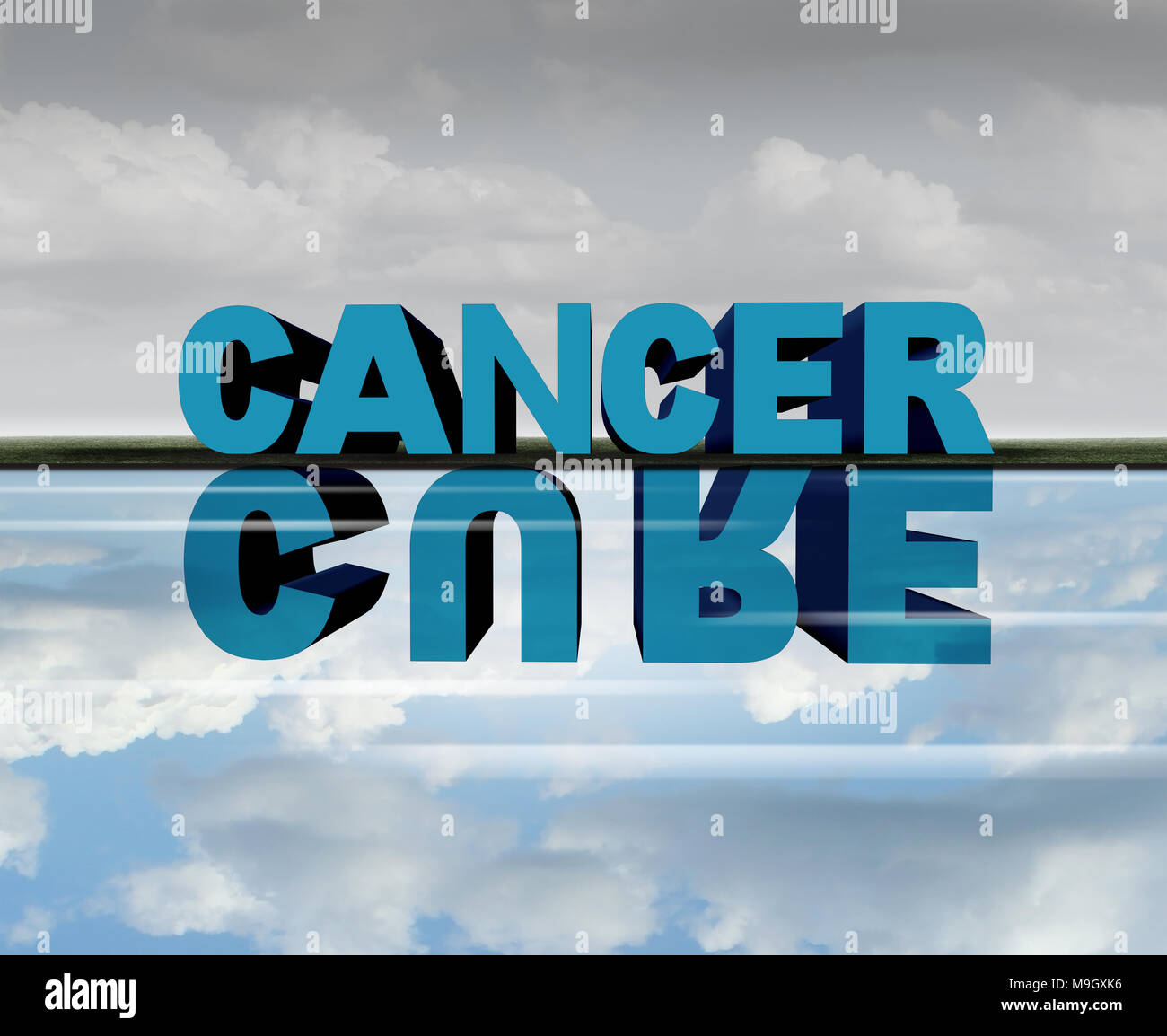 Cancer cure medical treatment success concept as text with a reflection representing medicine research success. Stock Photo