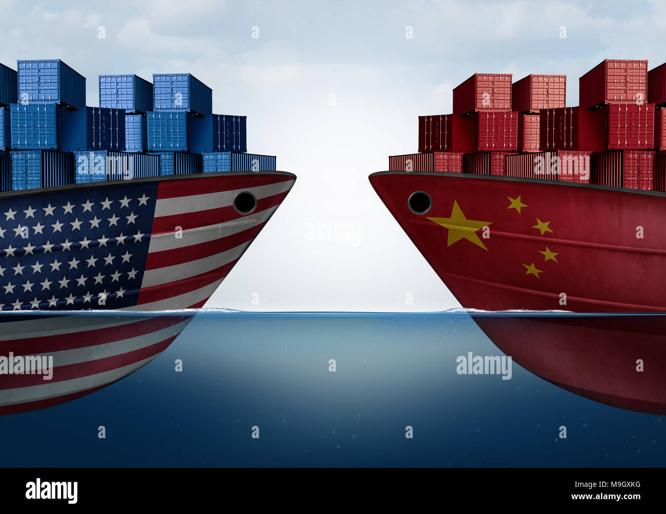 China United States trade and American tariffs as two opposing cargo ships as an economic  taxation dispute over import and exports concept. Stock Photo