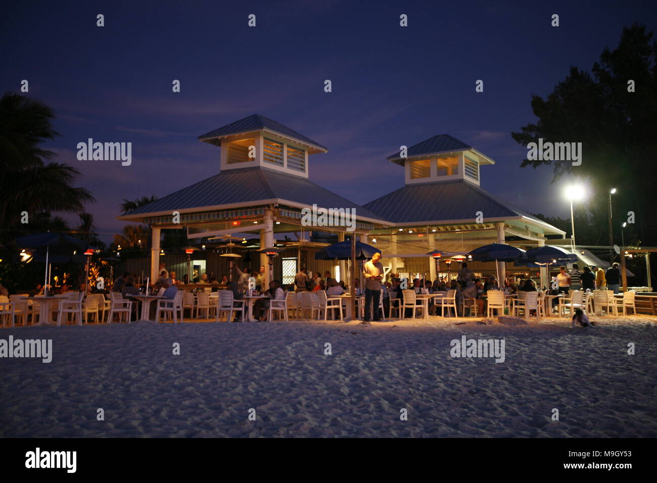 Sunsets on the Gulf of Mexico and fresh seafood draw a crowd at the Sandbar restaurant on the northern end of Anna Maria Island. Stock Photo