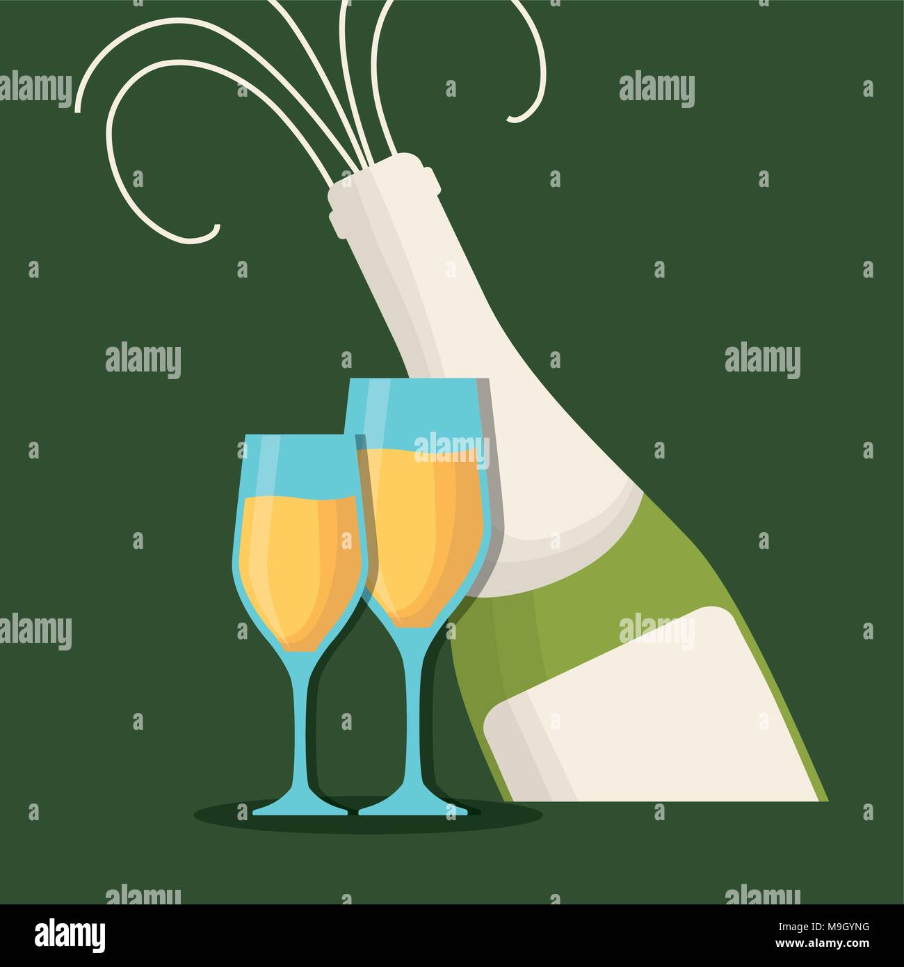 champagne bottle and glasses over green background, colorful design