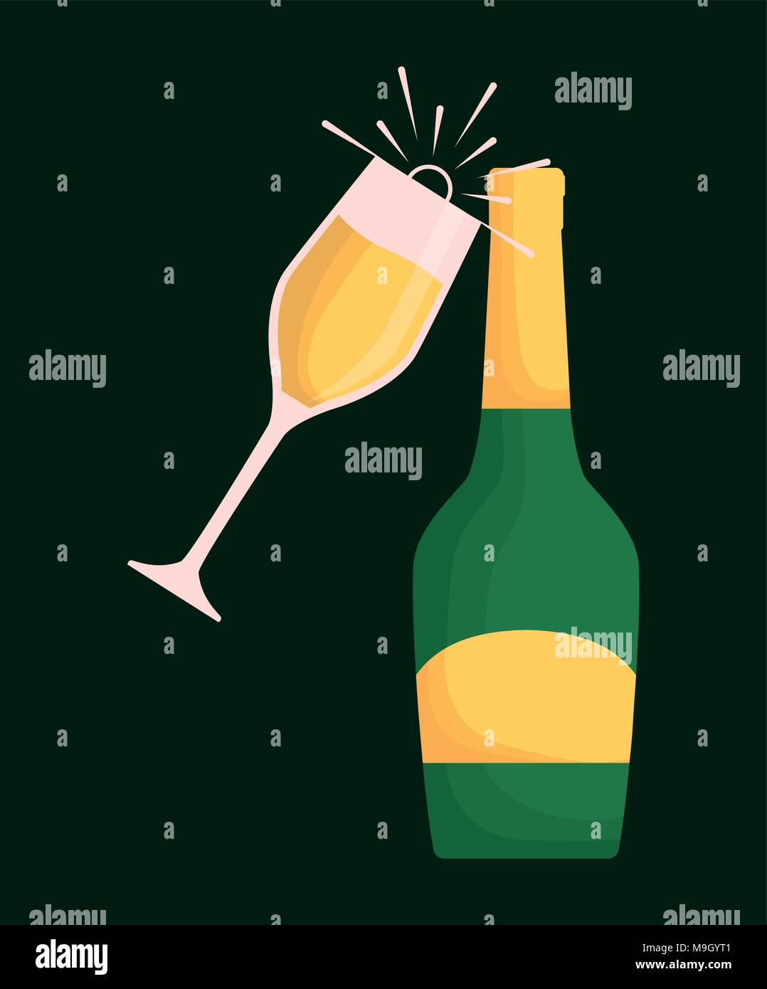 champagne glass and bottle over green background, colorful design
