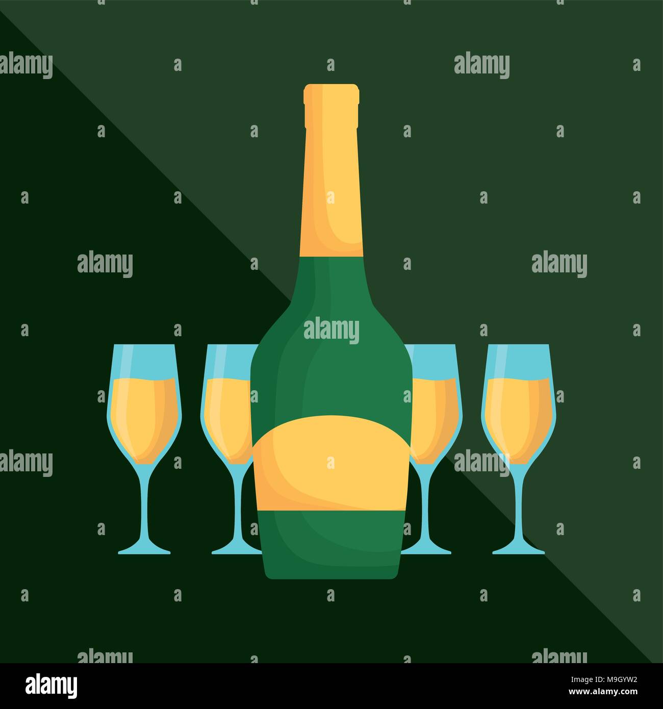 champagne bottle and glasses over green background, colorful design