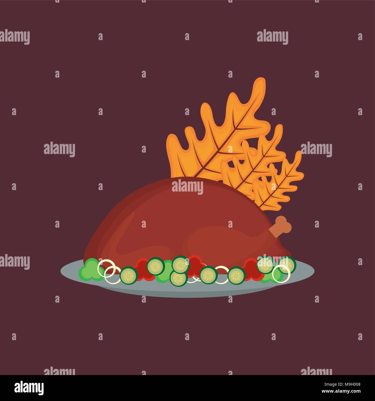 Thanksgiving design with roasted turkey and autumn leaves over brown ...