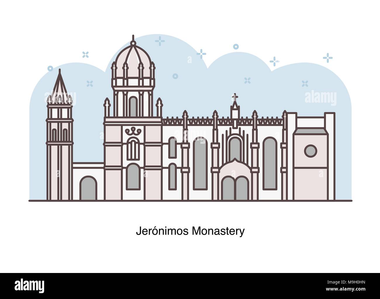 Vector line illustration of Jerónimos Monastery, Lisbon, Portugal. Stock Vector