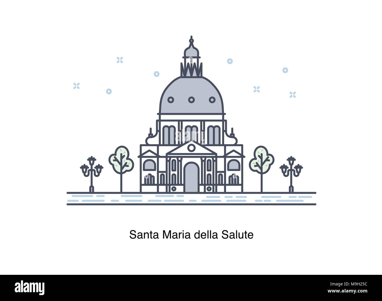 Vector line illustration of Santa Maria della Salute, Venice, Italy. Stock Vector