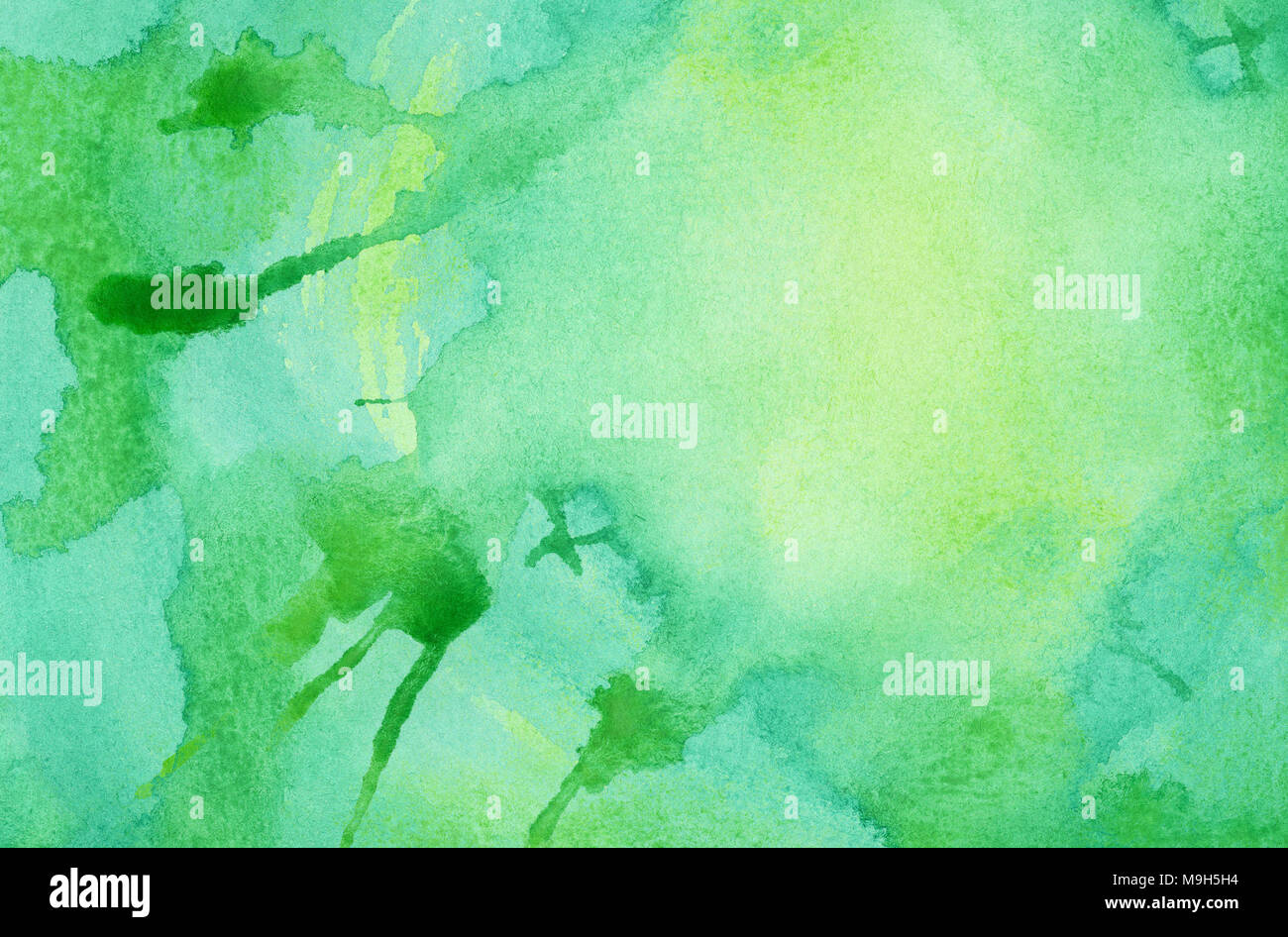 Abstract bright green watercolor splash background, painted on watercolor paper Stock Photo