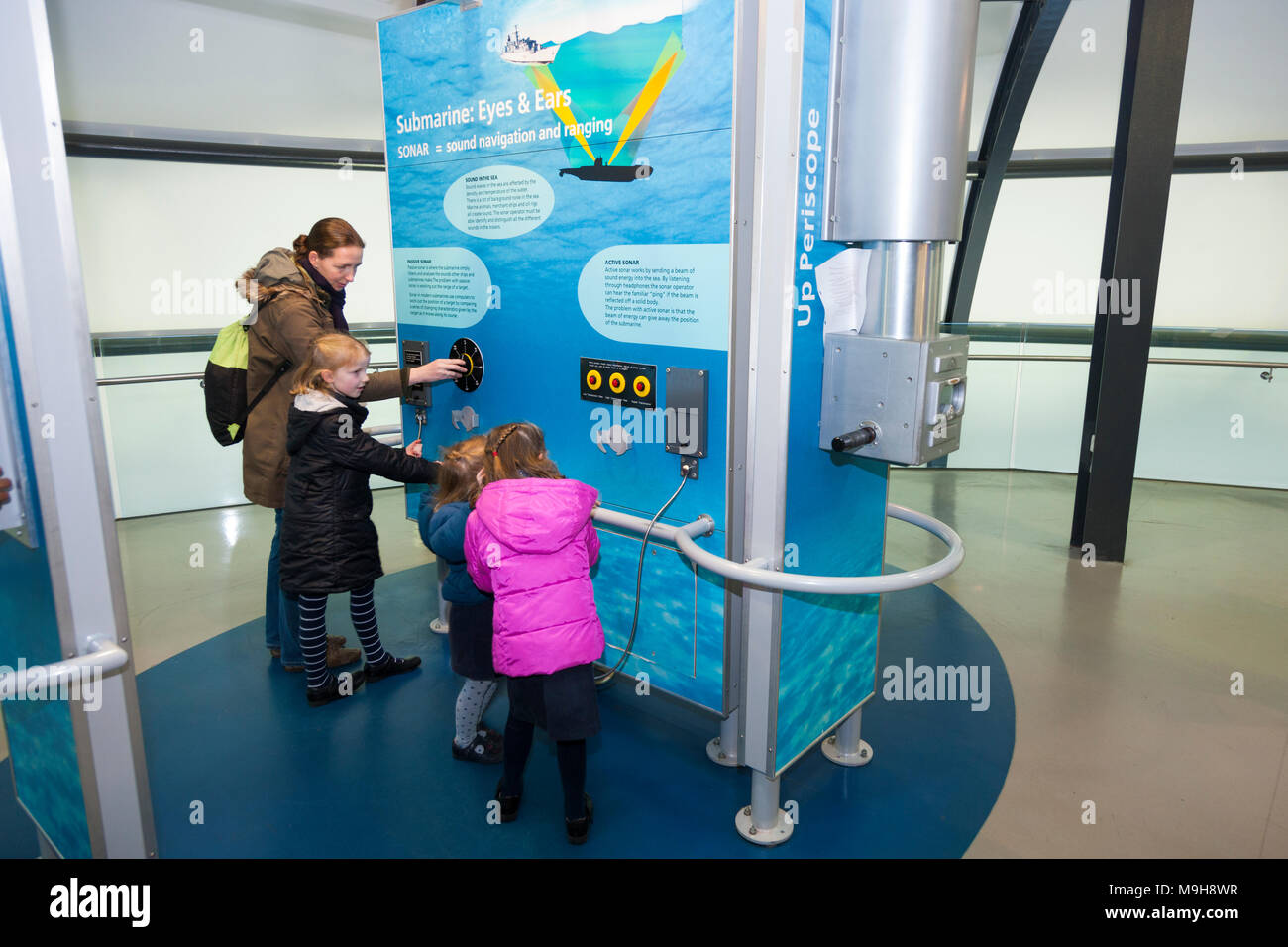 Interactive exhibition displays / display for children / kids / tourists / tourist / visitors. Visitor Centre. Royal Navy Submarine Museum, Gosport UK Stock Photo