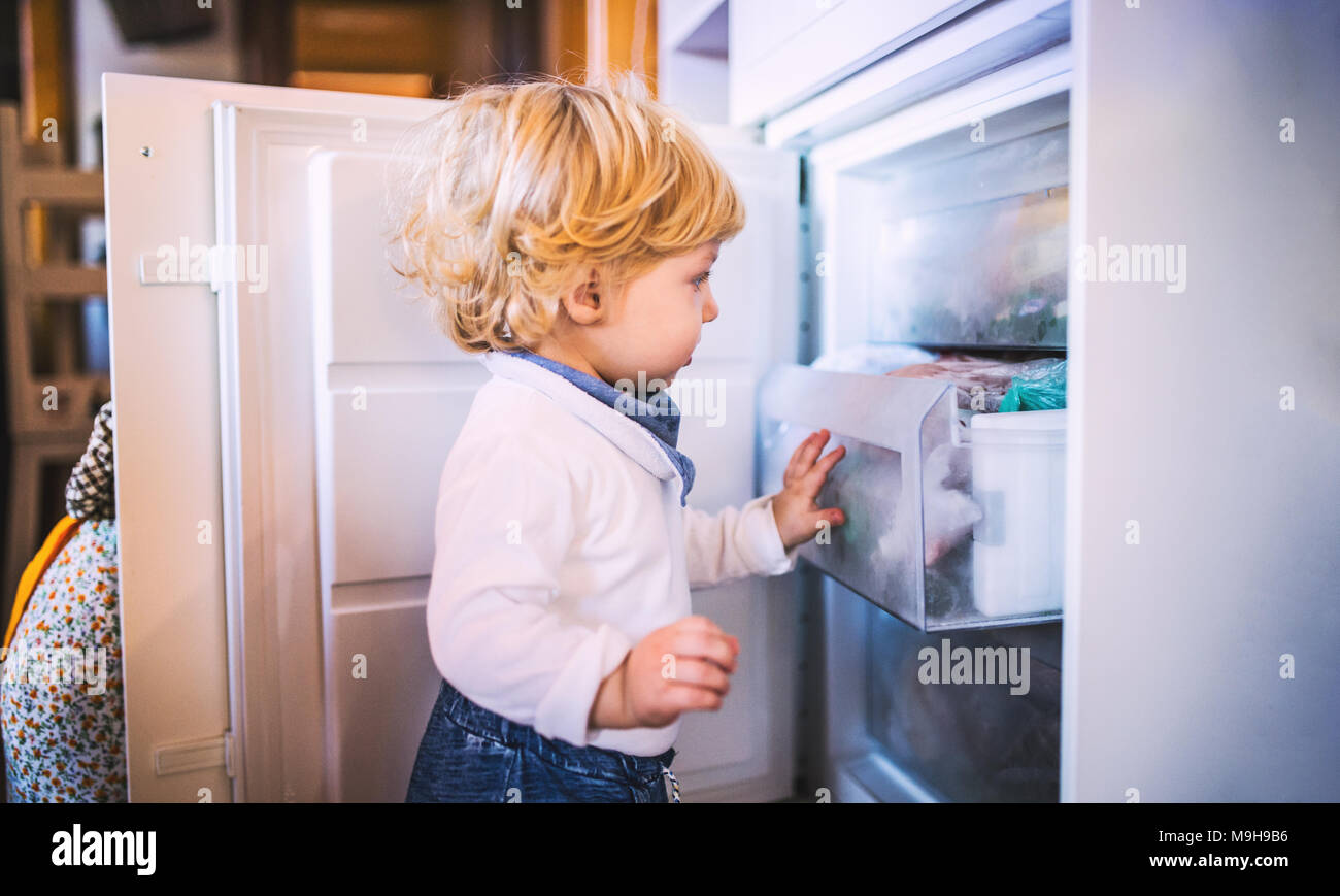 Little toddler boy opening a freezer. Domestic accident. Dangerous situation at home. Child safety concept. Stock Photo