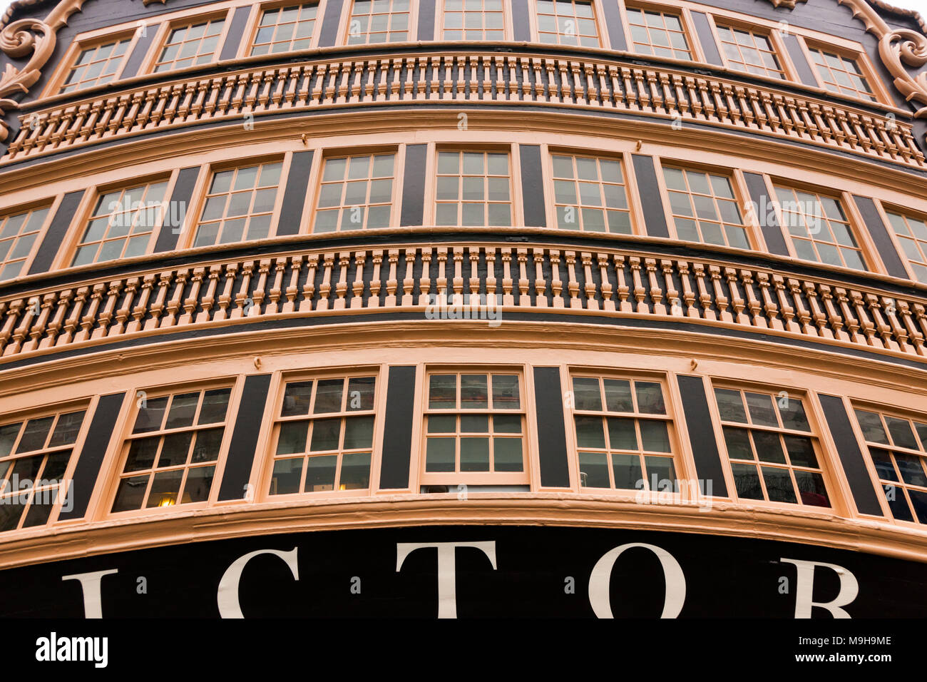 Windows at back / aft (stern galleries / gallery) of Admiral Lord Nelson 's flagship HMS Victory. Portsmouth Historic Dockyard / Dockyards UK (95) Stock Photo