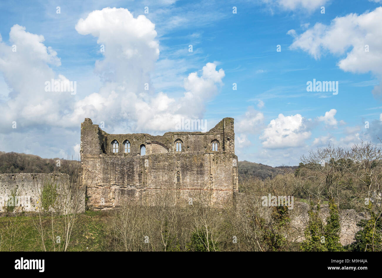 Chepstow Castle Walls on the Wales England Border in Chepstow overlooking the River Wye Stock Photo