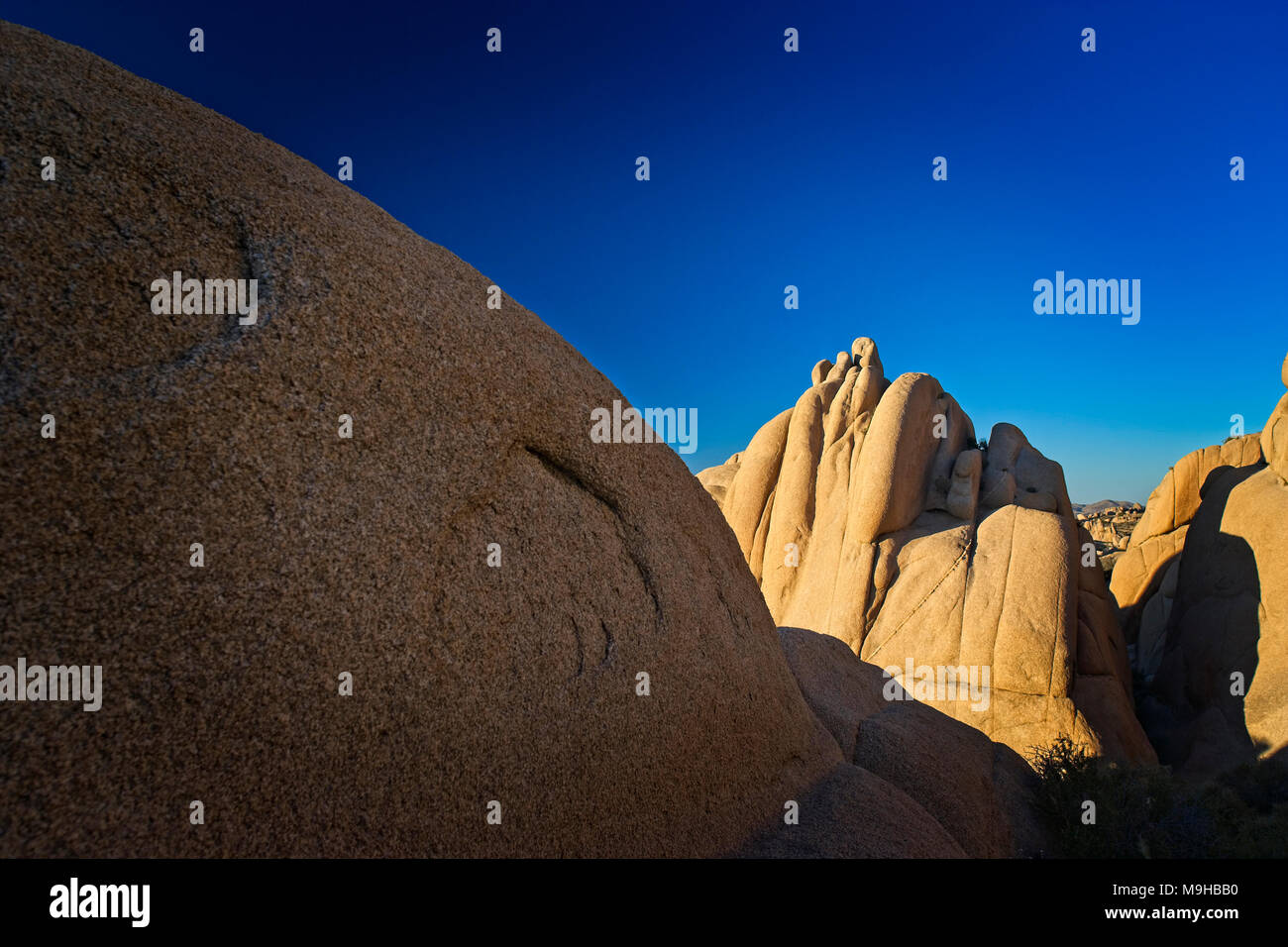 Huge bold Monzogranite rock formations in Joshua tree national Park in Southern California's Mohave Desert Stock Photo