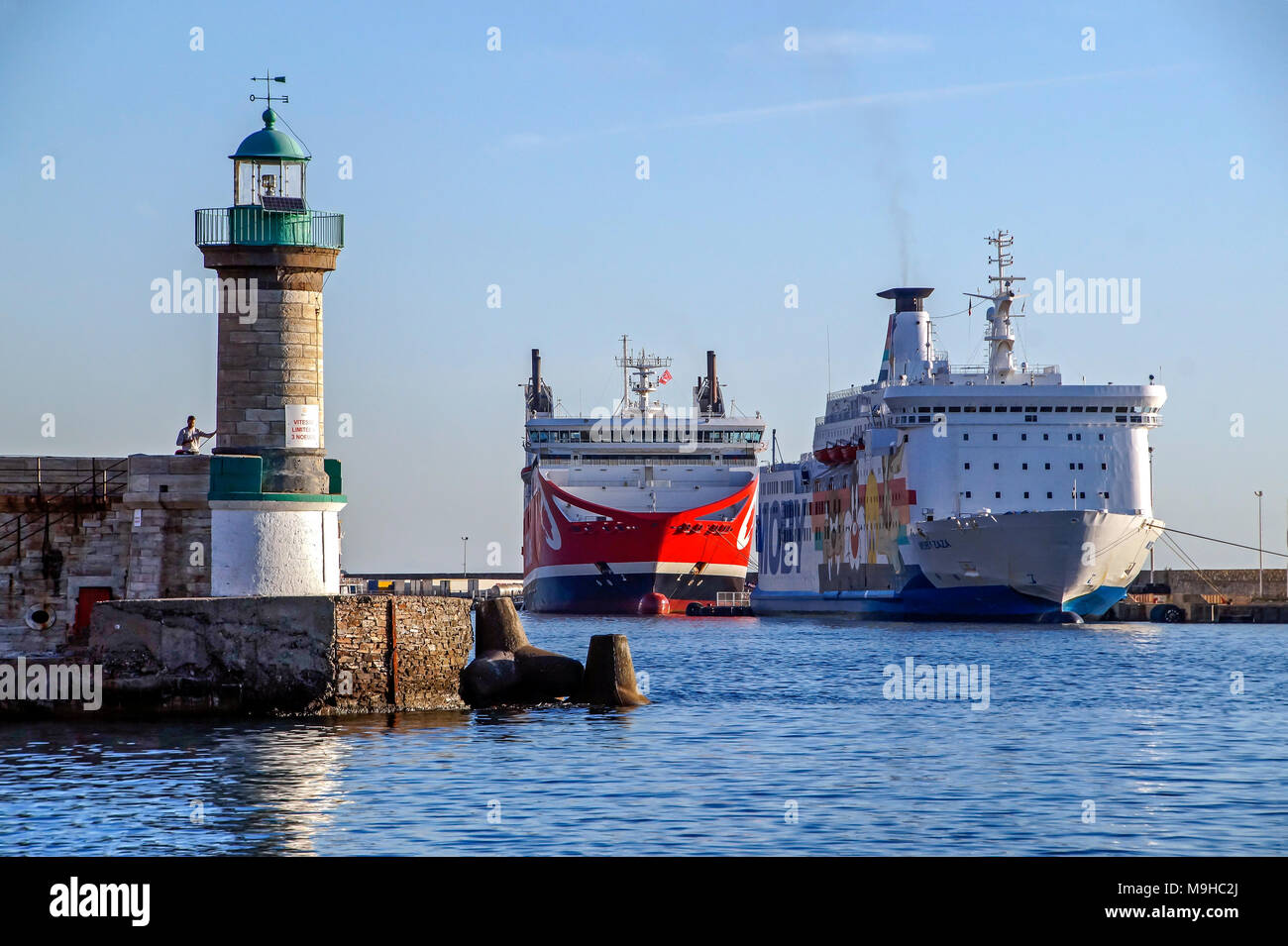 MOBY Ferries MOBY Zaza moored in port of Bastia Corsica France Europe with Pascal Paoli behind Stock Photo