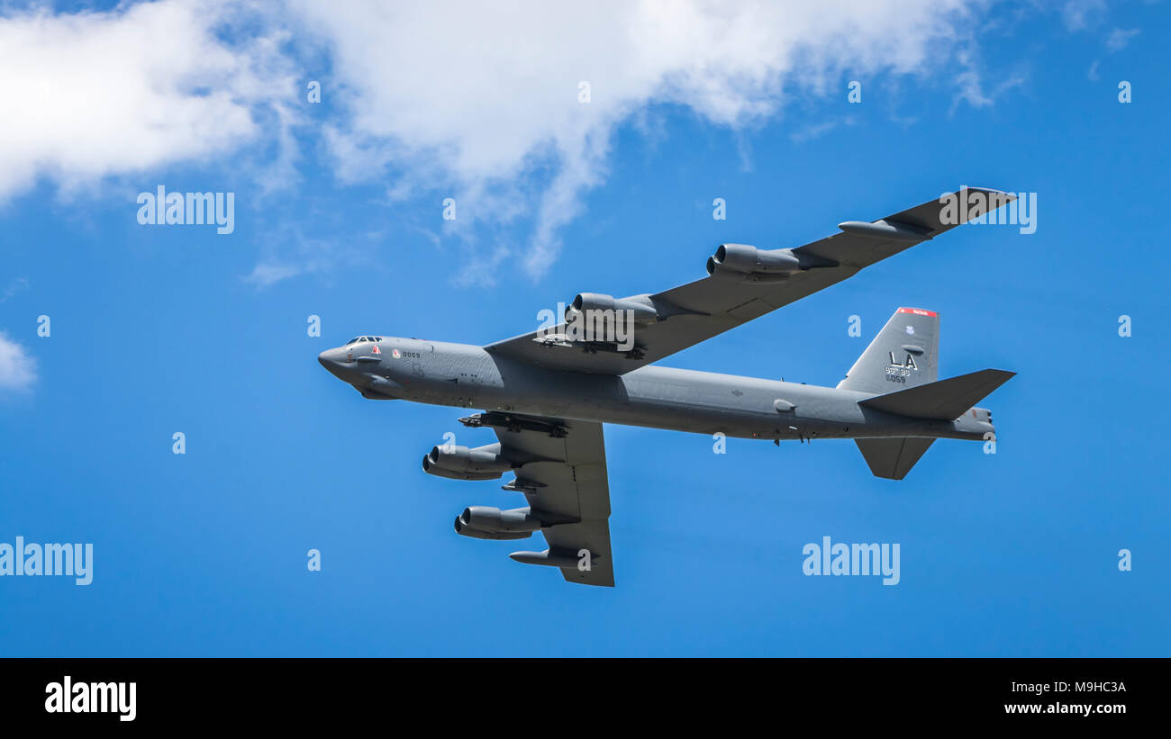 The Mighty Buff Boeing B-52 Stratofortress bomber in flight at the 2017 Airshow in Duluth, Minnesota, USA. Stock Photo