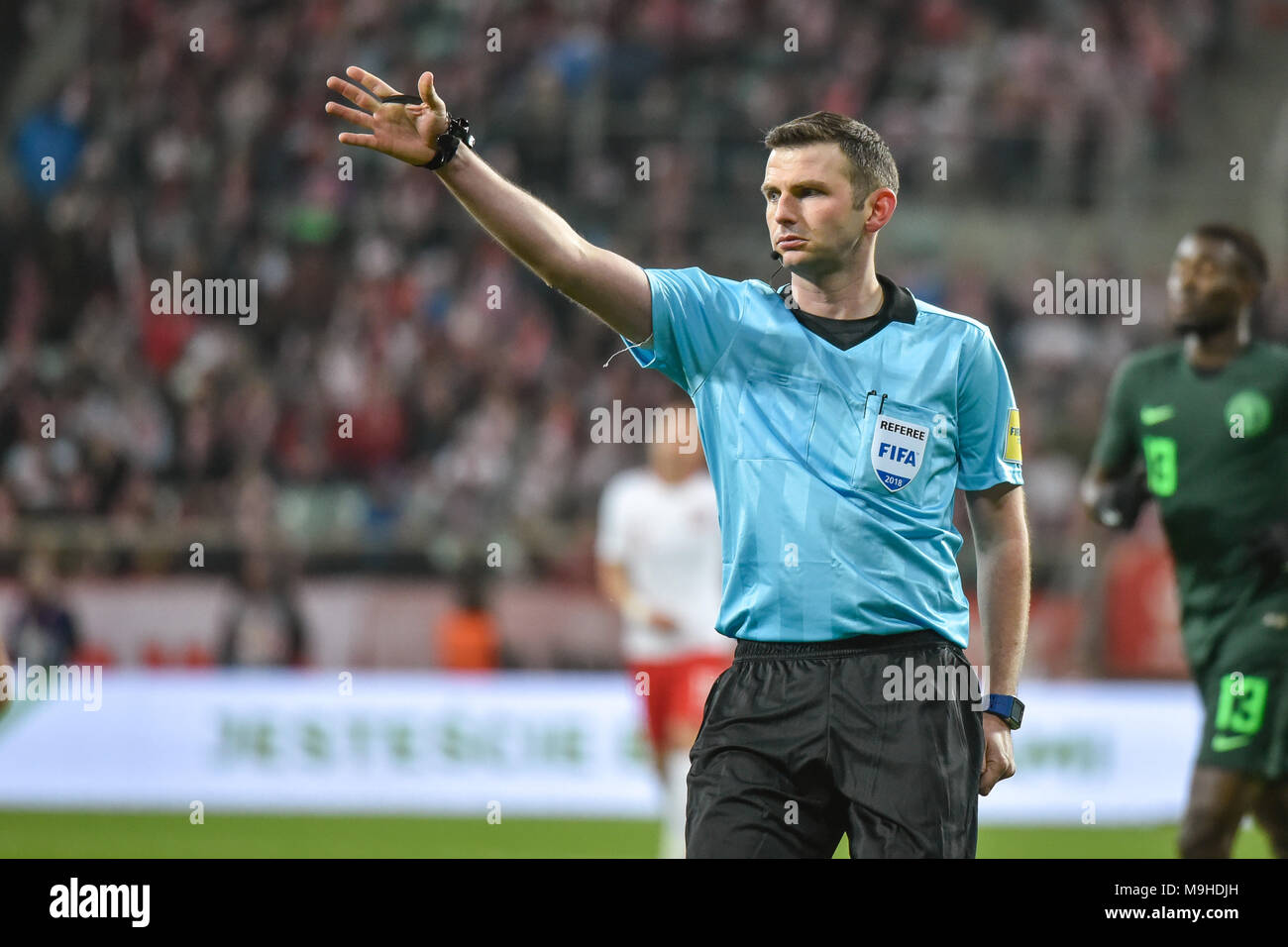 WROCLAW, POLAND - MARCH 23, 2018: Friendly match Poland vs Nigeria 0:1. In action Michael Oliver main referee. Stock Photo