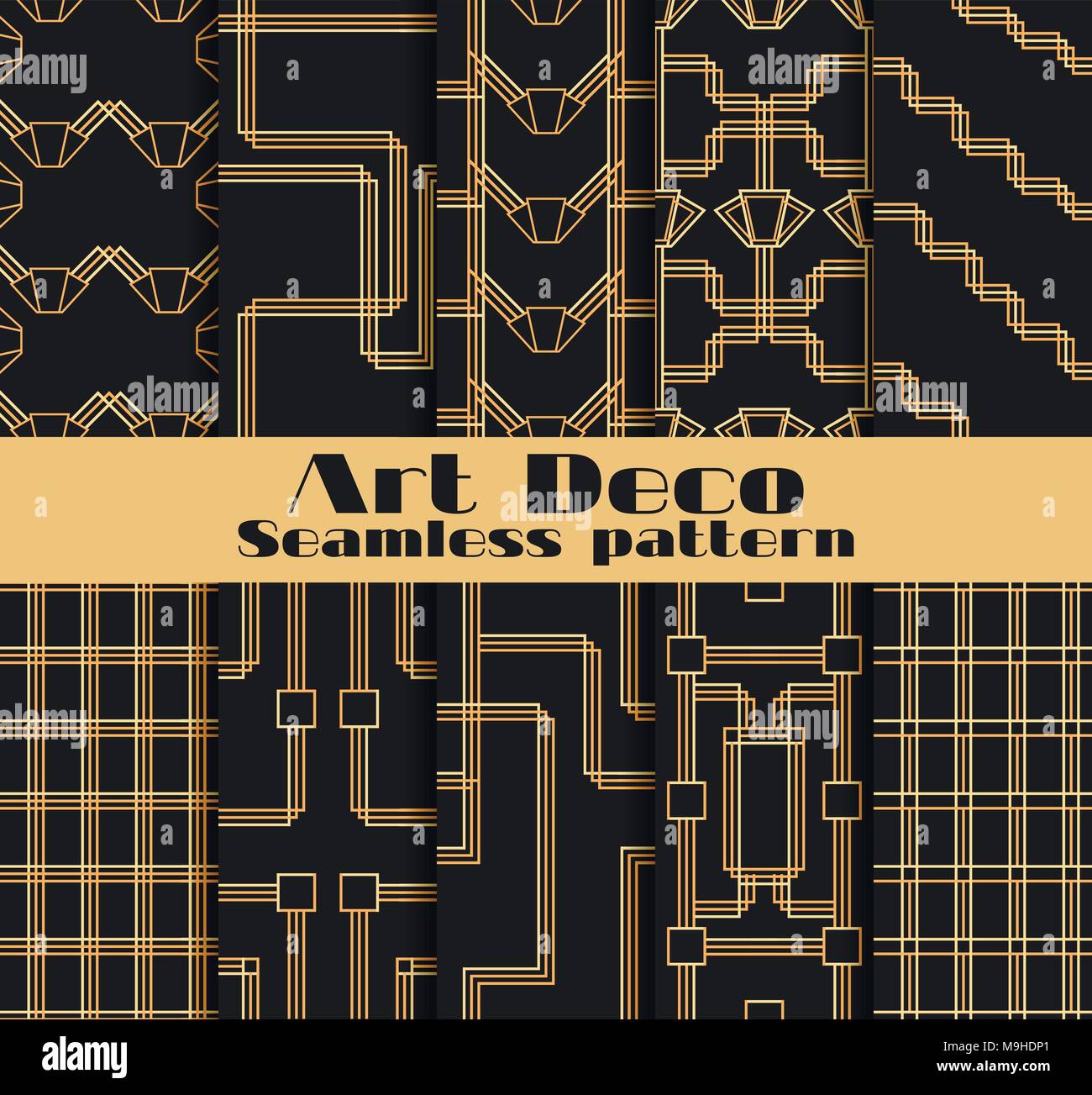 Art deco seamless patterns. Set of ten geometric backgrounds. Style