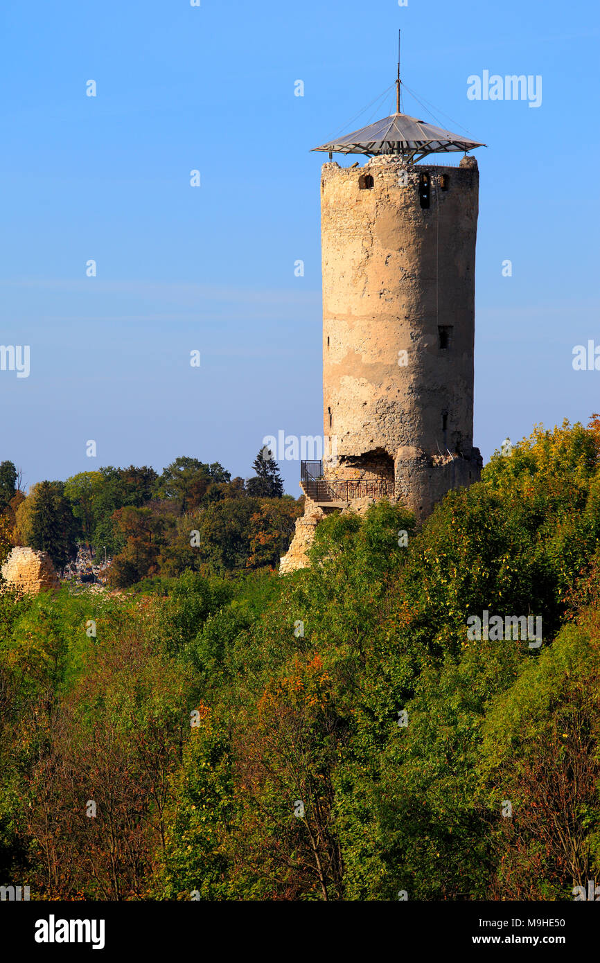 Ilza, Masovia / Poland - 2011/10/03: Ruins and tower of medieval Cracow Bishops Castle from XIV century. Stock Photo