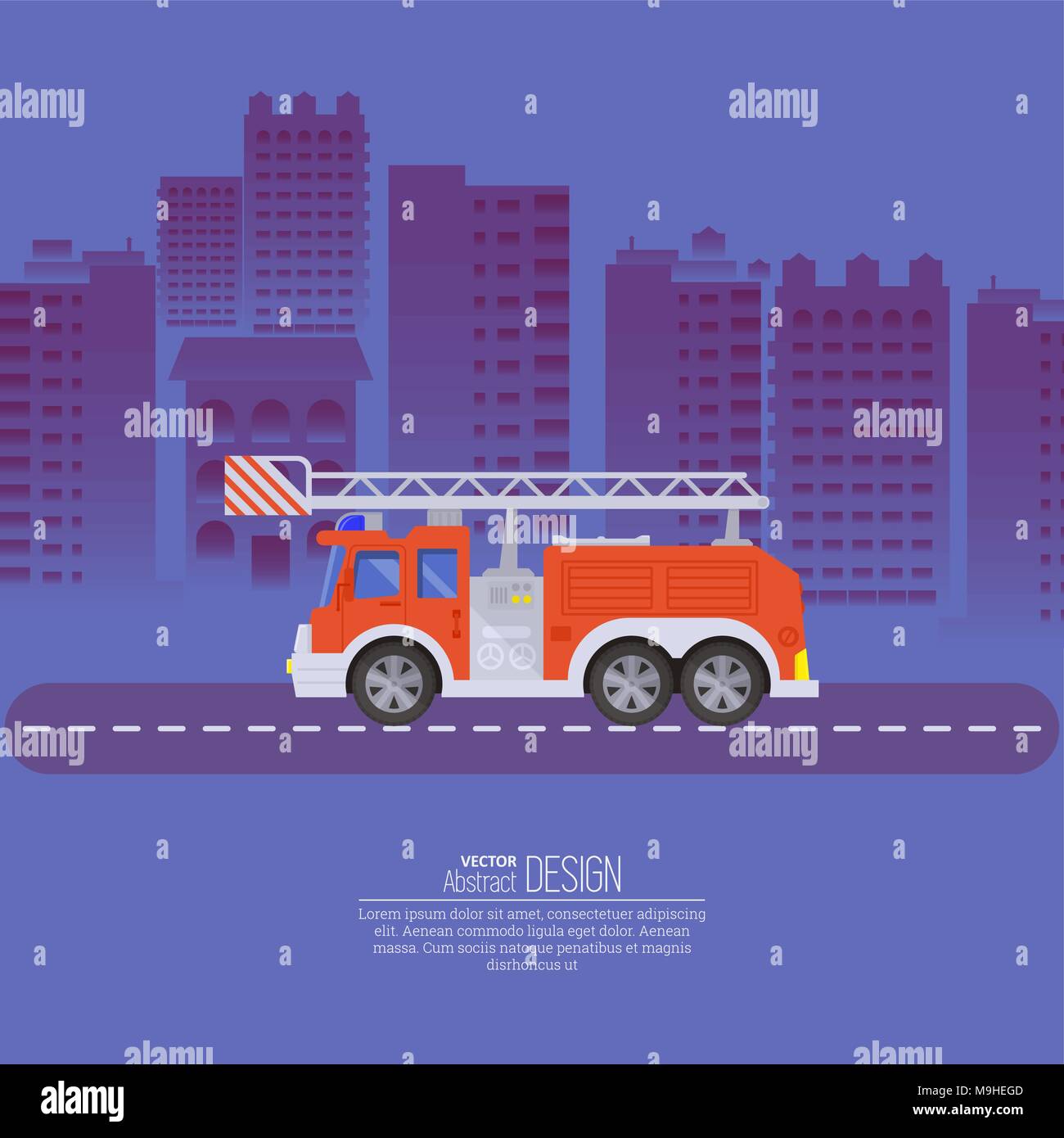 The fire truck going on the way to a background of the night city. Concept of fire safety. Service 911. Help in emergency situations. A vector illustr Stock Vector