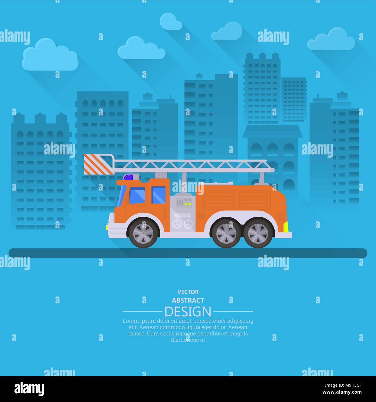 The fire truck going on the way to a city background. Concept of fire safety. Service 911. Help in emergency situations. A vector illustration in flat Stock Vector