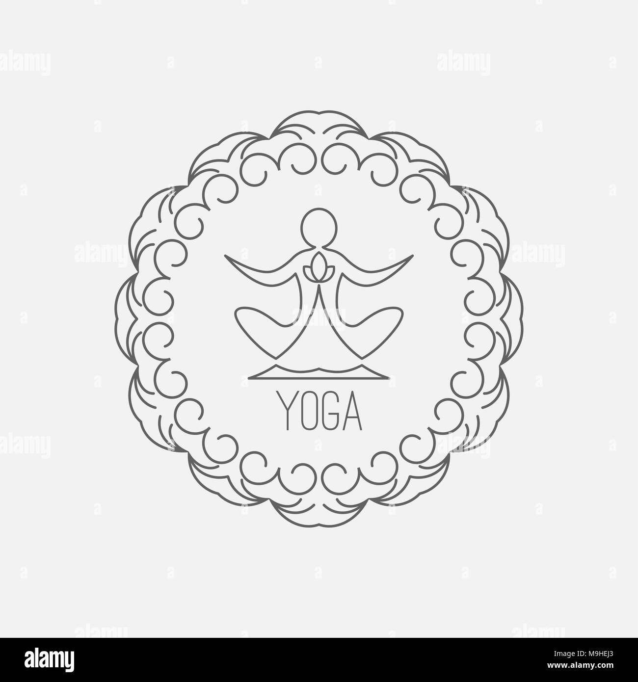 Yoga icon. Logo template on a blue background. Vector logo for the spa center, yoga center, yoga studio. Template graphic design element.  Vector illu Stock Vector