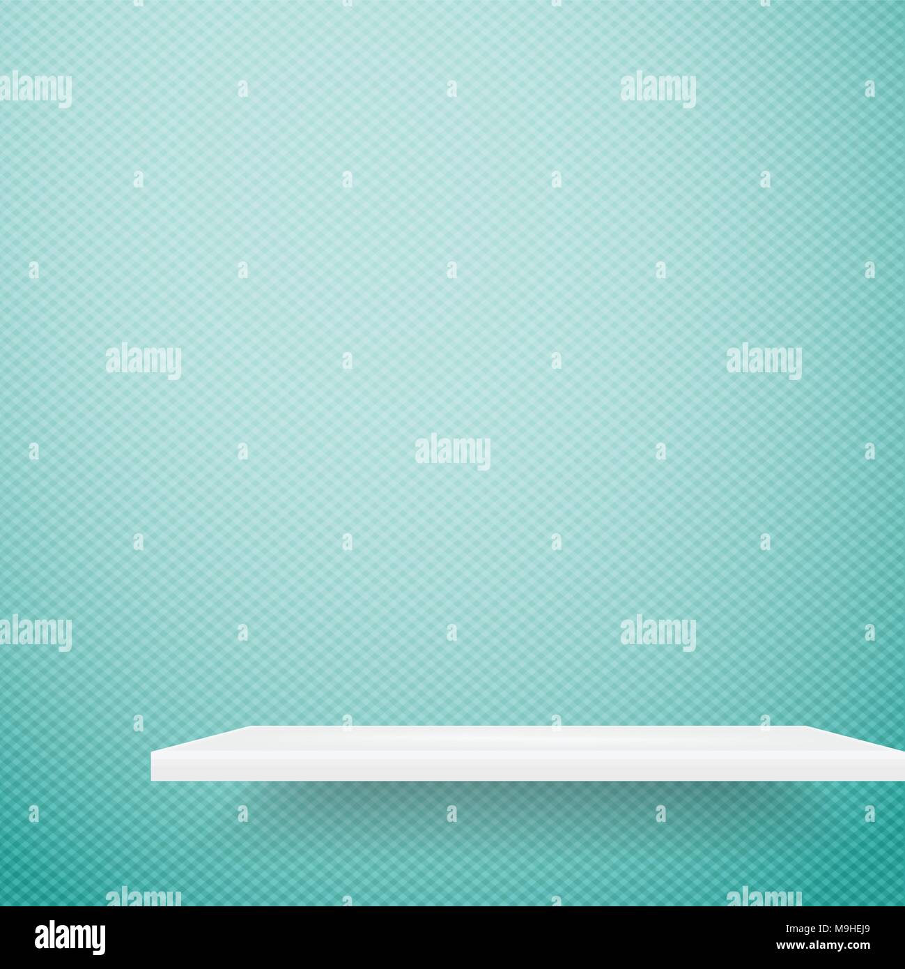 Shelf with beams of light from top on empty squared wall in room. 3D ...