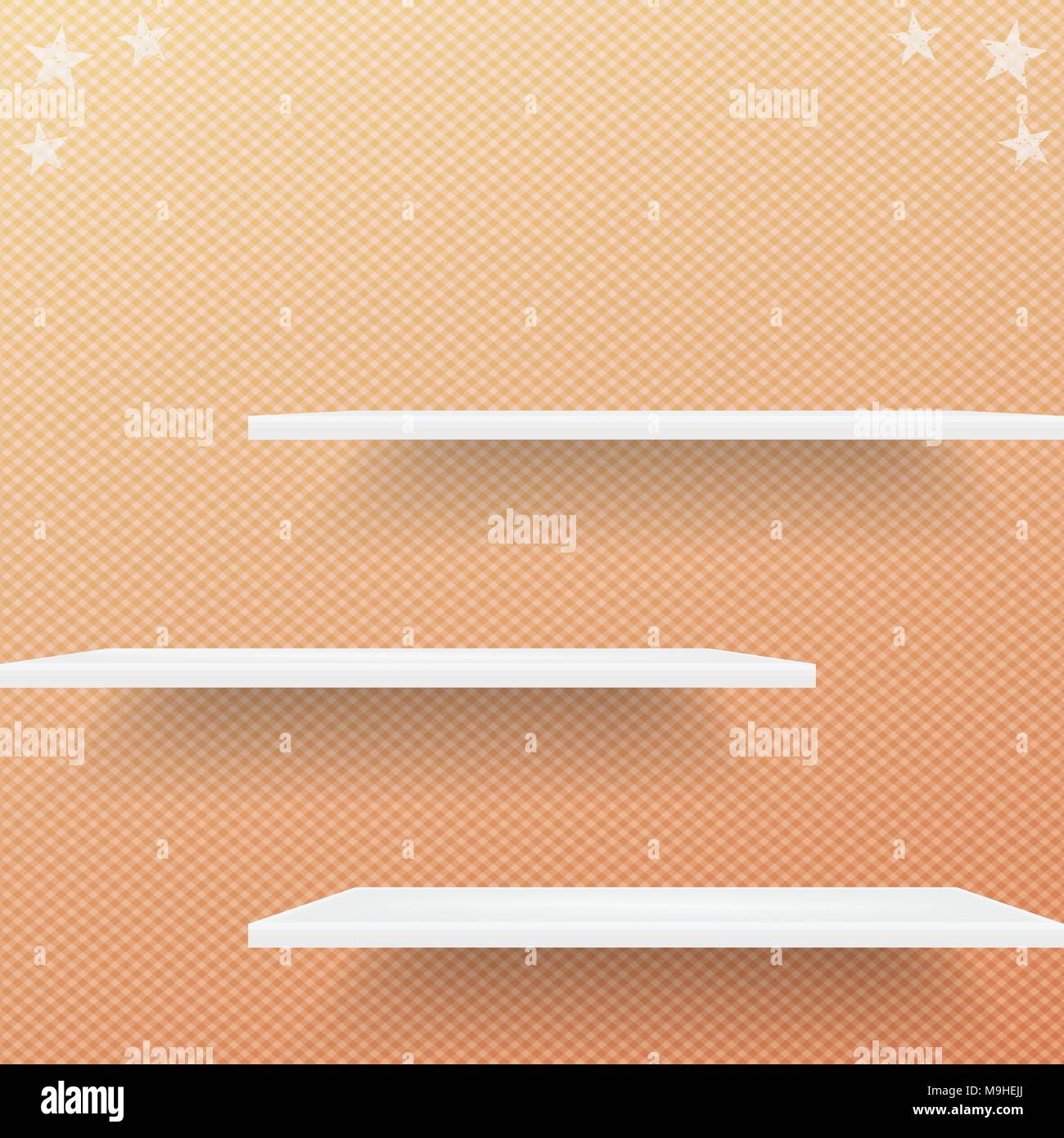Shelves with beams of light from top on empty squared wall in room. 3D ...