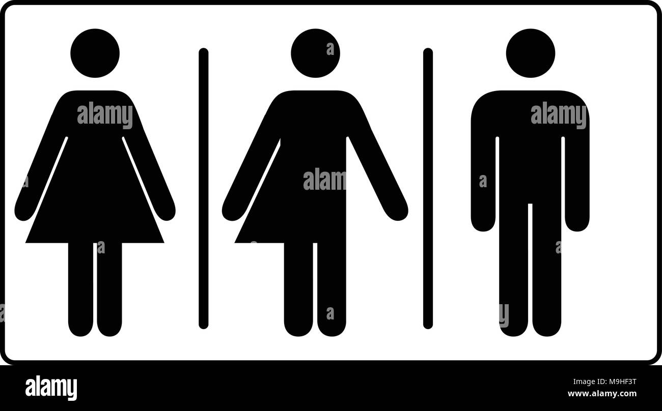 All gender restroom sign. Male, female transgender. Vector illustration. Black symbols isolated on white. Mandatory banner. Set of female, male and transgender people silhouettes Stock Vector