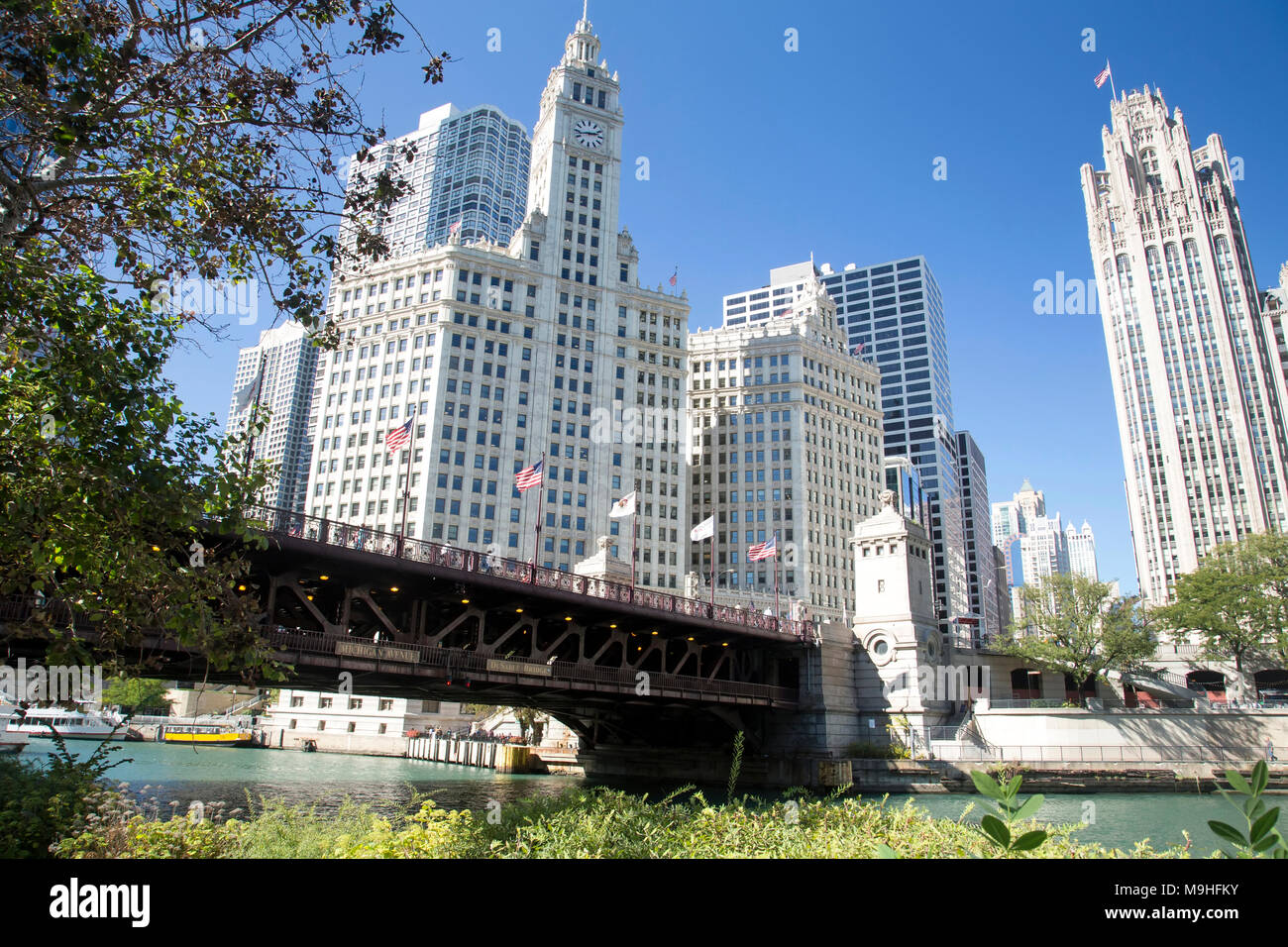 Chicago downtown and the Michigan Avenue Bridge (officially DuSable Bridge) Stock Photo