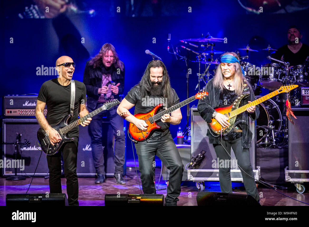 Norway, Oslo - March 24, 2018. The G3 guitar concert tour has reached Oslo  Konserthus. Here guitarists Joe Satriani (L), John Petrucci (C) and Uli Jon  Roth (R) are seen live on