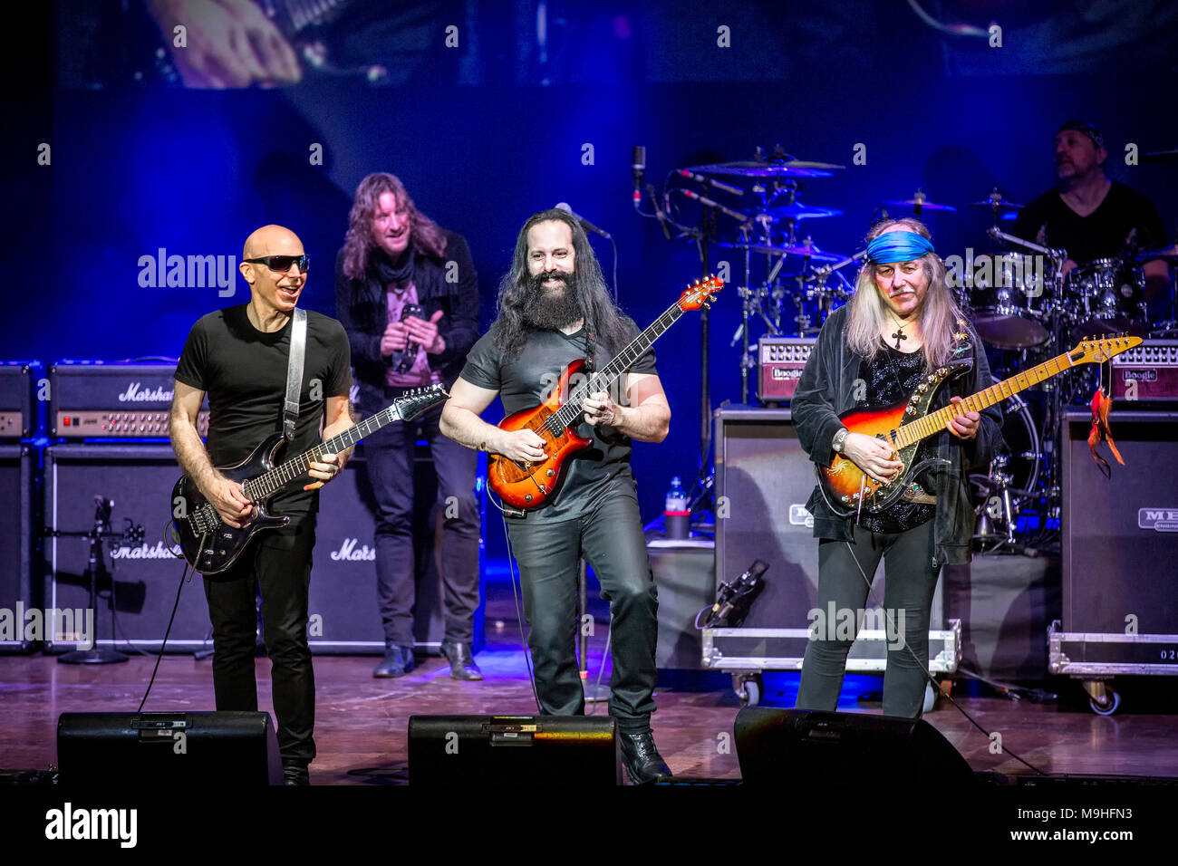 Norway, Oslo - March 24, 2018. The G3 guitar concert tour has reached Oslo Konserthus. Here guitarists Joe Satriani (L), John Petrucci (C) and Uli Jon Roth (R) are seen live on stage. (Photo credit: Gonzales Photo - Terje Dokken). Stock Photo