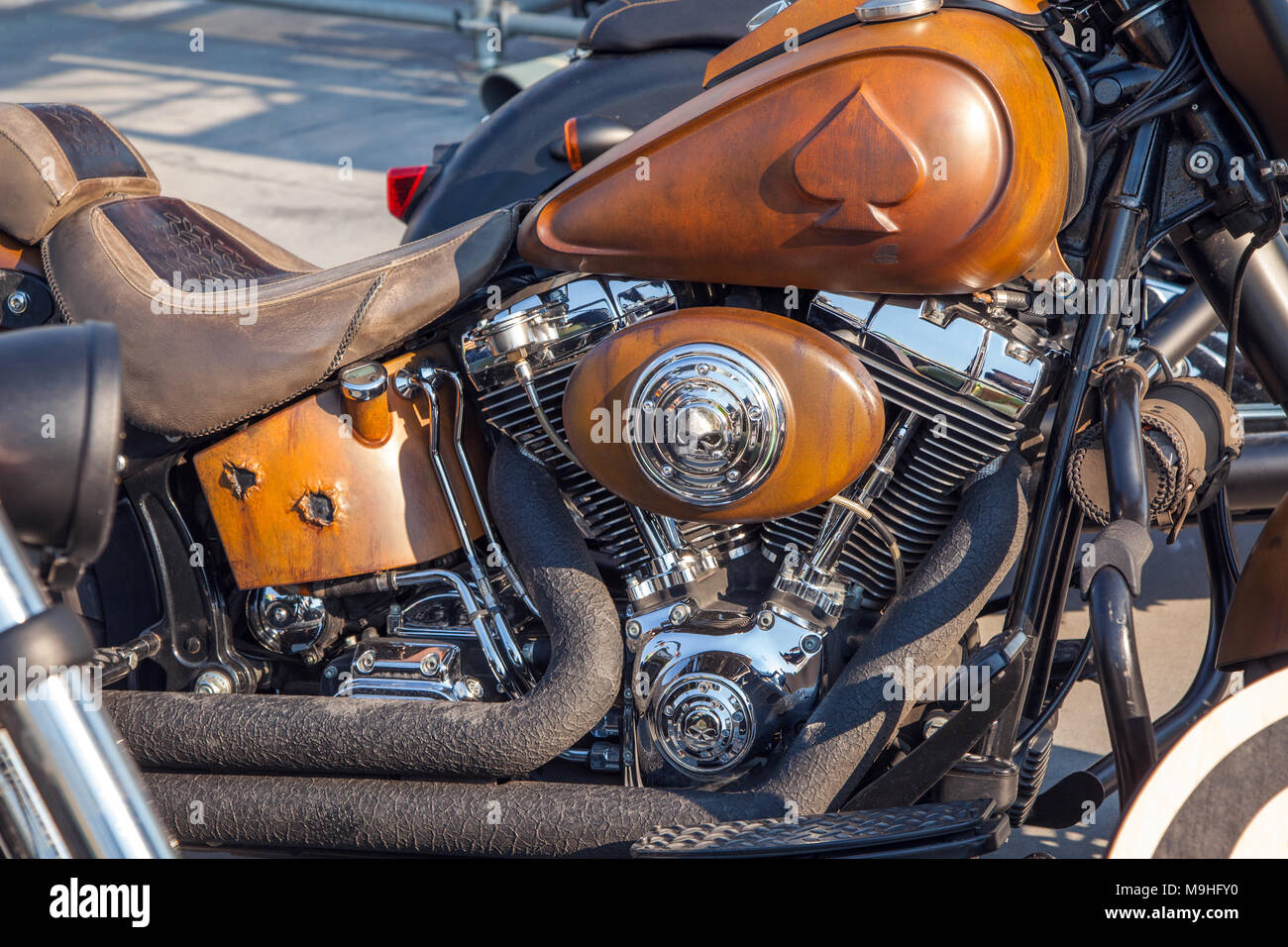 modern steel motorbike outdoor, closeup Stock Photo