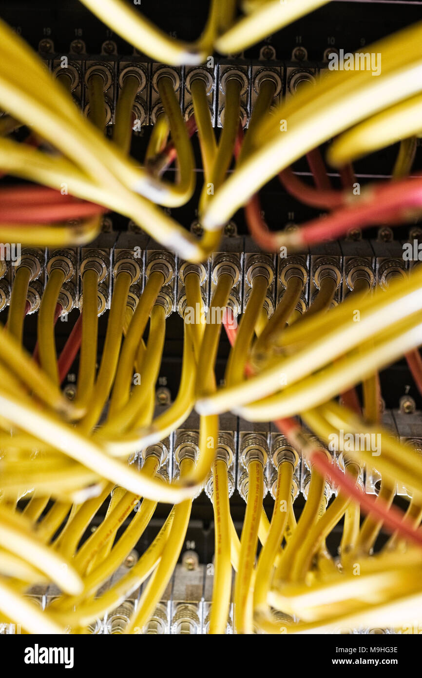 Closeup of CAT 5 cable bundle system in a computer server room Stock