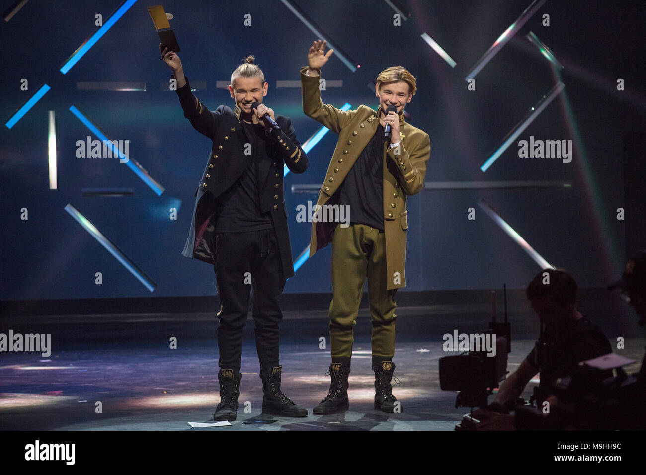 Norway, Oslo - February 25, 2018. The Norwegian pop icons and and twin brothers Marcus and Martinus present an award during the Norwegian Grammy Awards, Spellemannprisen 2017, at Oslo Konserthus in Oslo. (Photo credit: Gonzales Photo - Stian S. Moller). Stock Photo