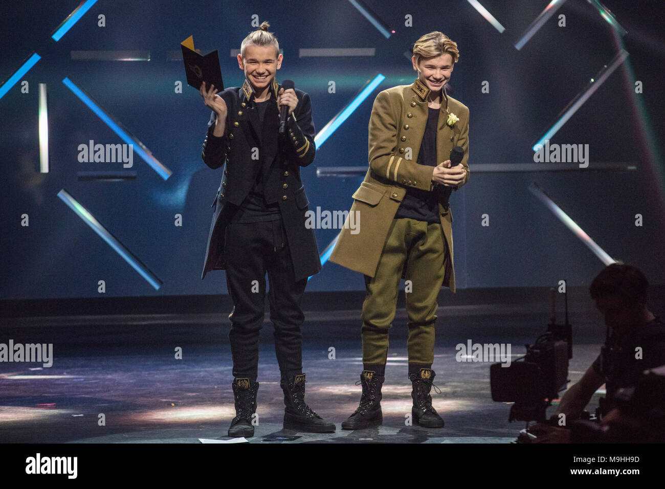 Norway, Oslo - February 25, 2018. The Norwegian pop icons and and twin brothers Marcus and Martinus present an award during the Norwegian Grammy Awards, Spellemannprisen 2017, at Oslo Konserthus in Oslo. (Photo credit: Gonzales Photo - Stian S. Moller). Stock Photo