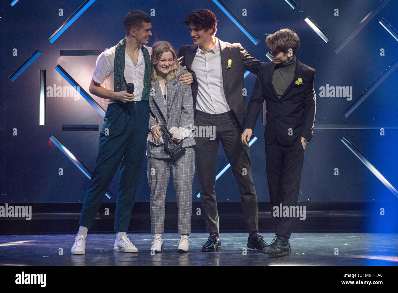 Norway, Oslo - February 25, 2018. The Norwegian pop-rock band Sløtface  receives the award for Best Rock during the Norwegian Grammy Awards,  Spellemannprisen 2017, at Oslo Konserthus in Oslo. (Photo credit: Gonzales