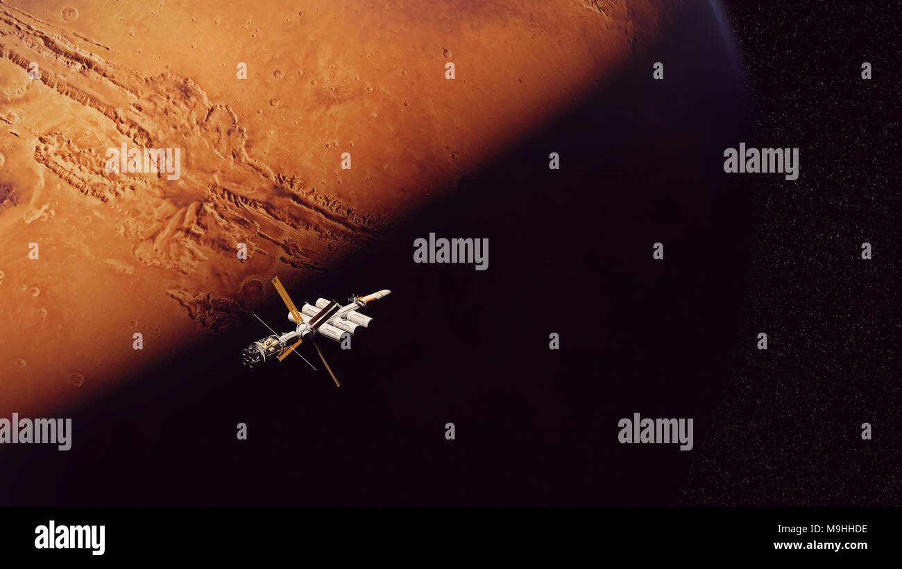 spaceship arriving at the red planet Mars, journey through the solar system (3d science fiction render, elements of this image are furnished by NASA) Stock Photo