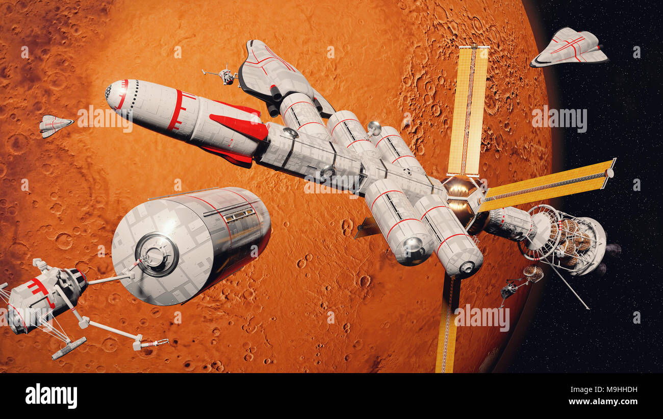 spaceship in orbit of planet Mars, spaceships rendezvous for assembly (3d space render, elements of this image are furnished by NASA) Stock Photo