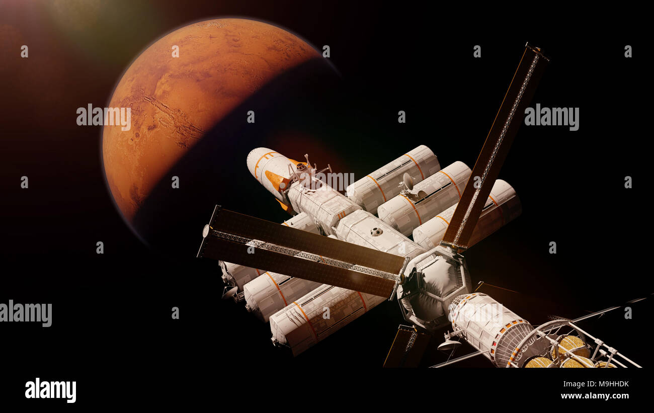 spaceship arriving at planet Mars, expedition to the red planet (3d science fiction render, elements of this image are furnished by NASA) Stock Photo
