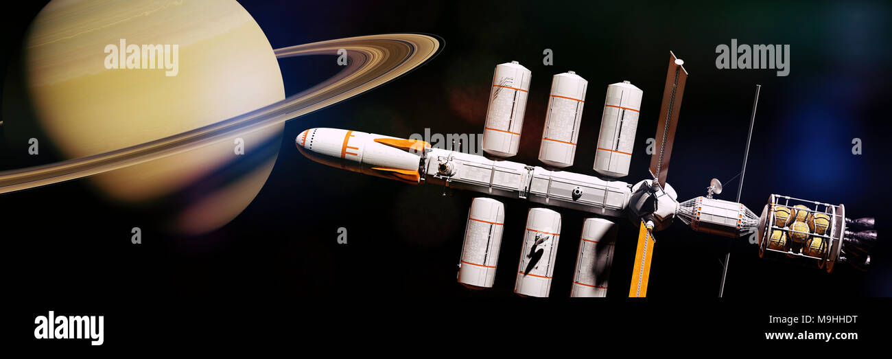 spaceship on a mission to the ring planet Saturn, starship in orbit of a gas giant (3d science fiction render banner, elements of this image are furni Stock Photo
