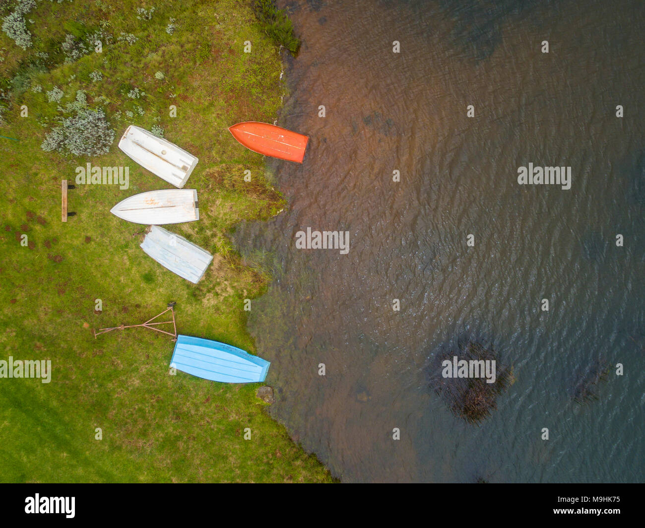 Boats are seen from above in this aerial picture in Zimbabwe's Nyanga. Stock Photo