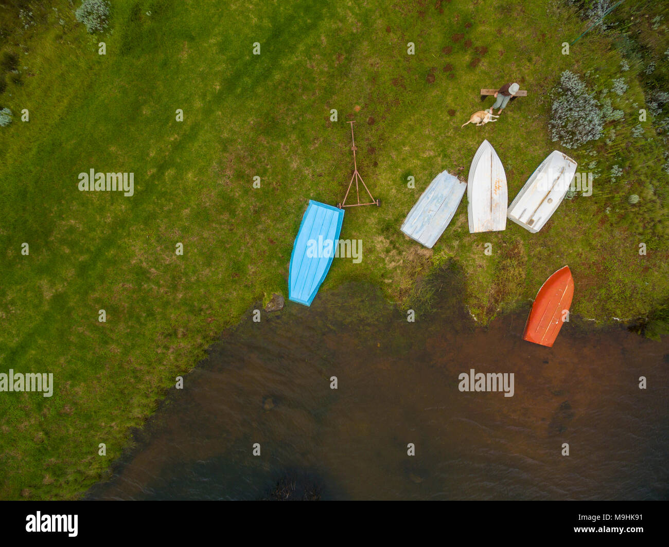 Boats are seen from above in this aerial picture in Zimbabwe's Nyanga. Stock Photo