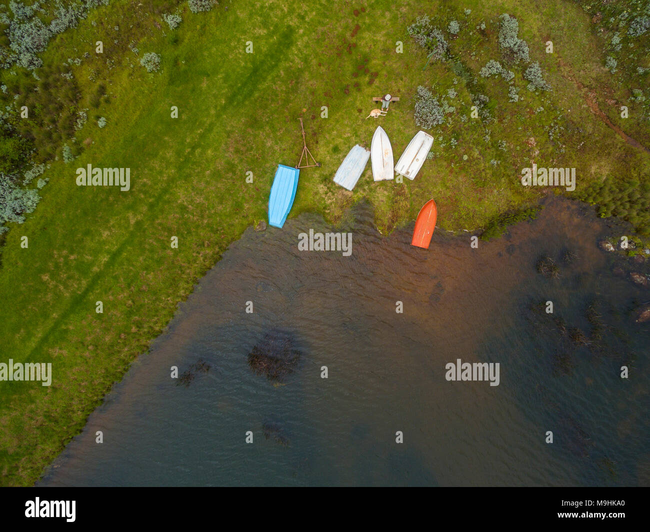 Boats are seen from above in this aerial picture in Zimbabwe's Nyanga. Stock Photo