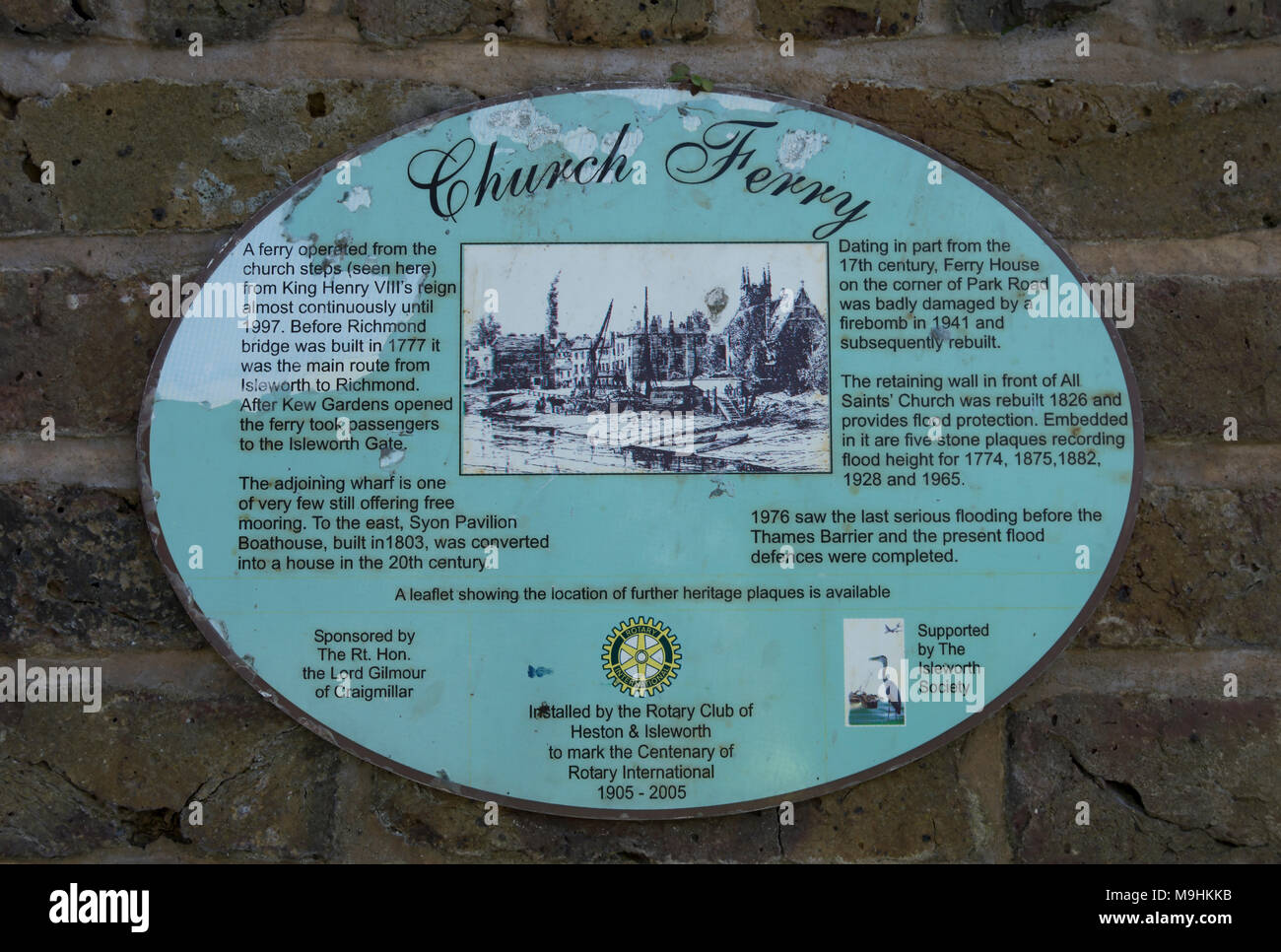 heritage plaque commemorating church ferry, operating between isleworth and richmond across the river thames from the 16th century to 1997. Stock Photo