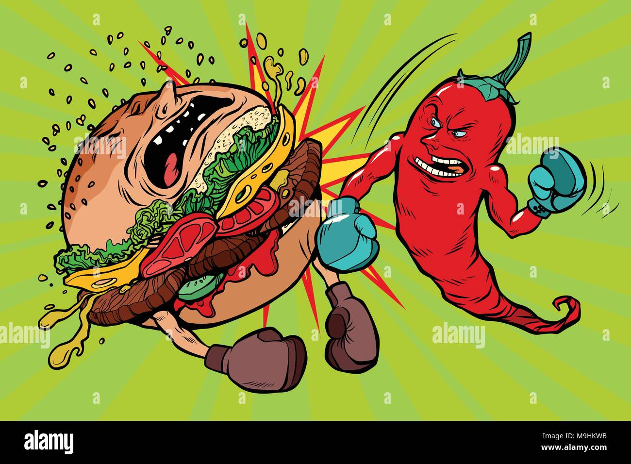 pepper beats Burger, vegetarianism vs fast food Stock Vector