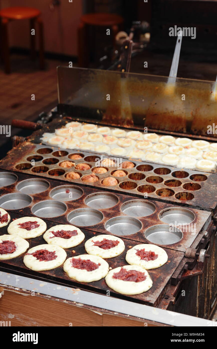 The baking of Japanese Imagawayaki Red Bean Pancake. Japanese