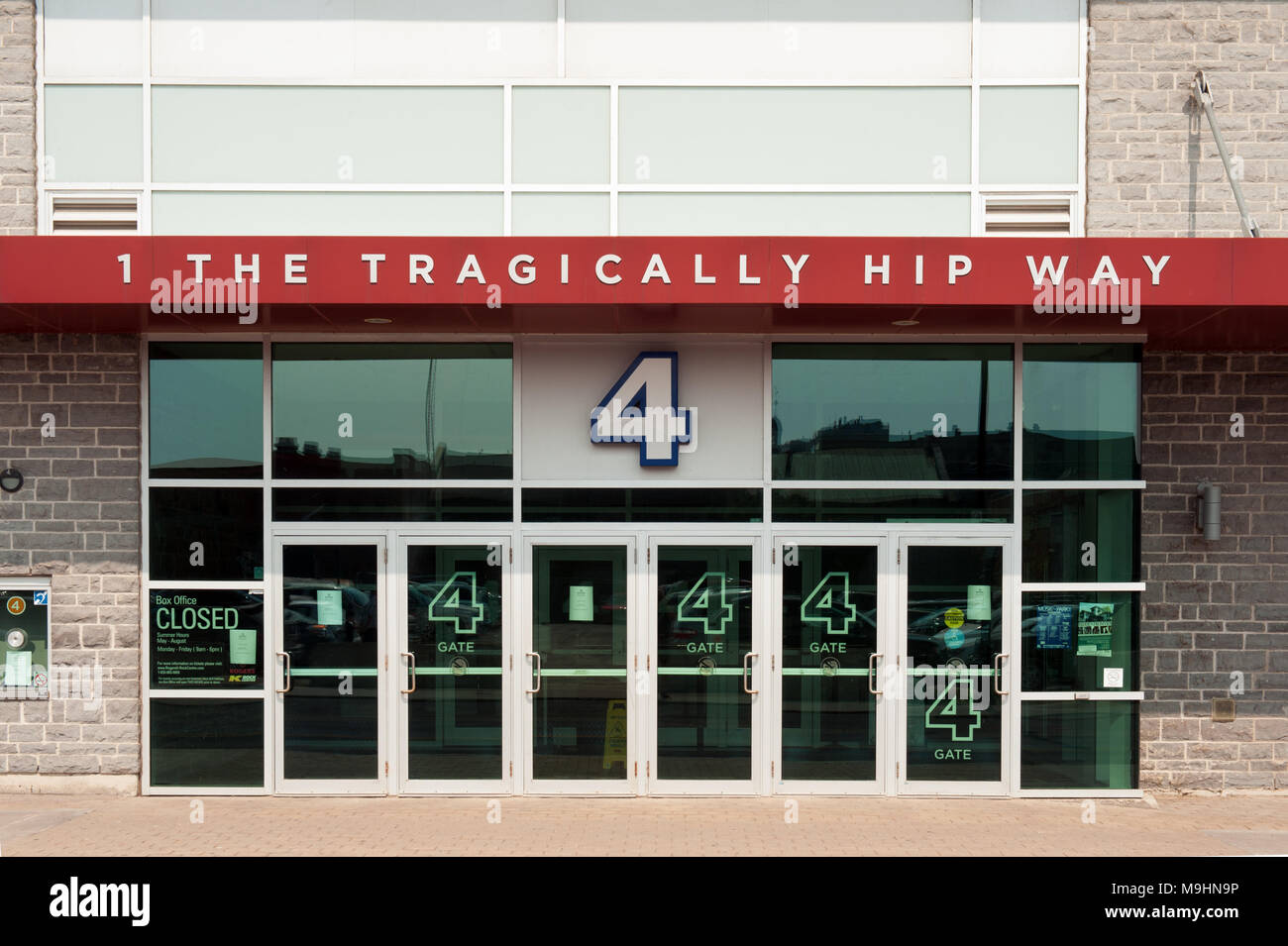 Gate 4 of Rogers K-Rock Centre, situated on the Tragically Hip Way, Kingston, Ontario. Stock Photo