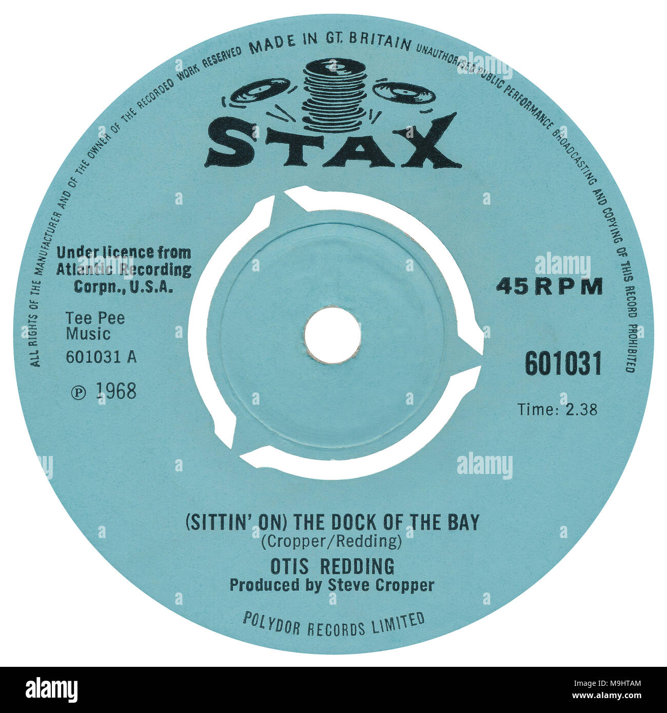 45 RPM 7' UK record label of (Sittin' On) The Dock Of The Bay by Otis Redding. Written by Steve Cropper and Otis Redding and produced by Steve Cropper. Released by Stax Records in February 1968. Stock Photo