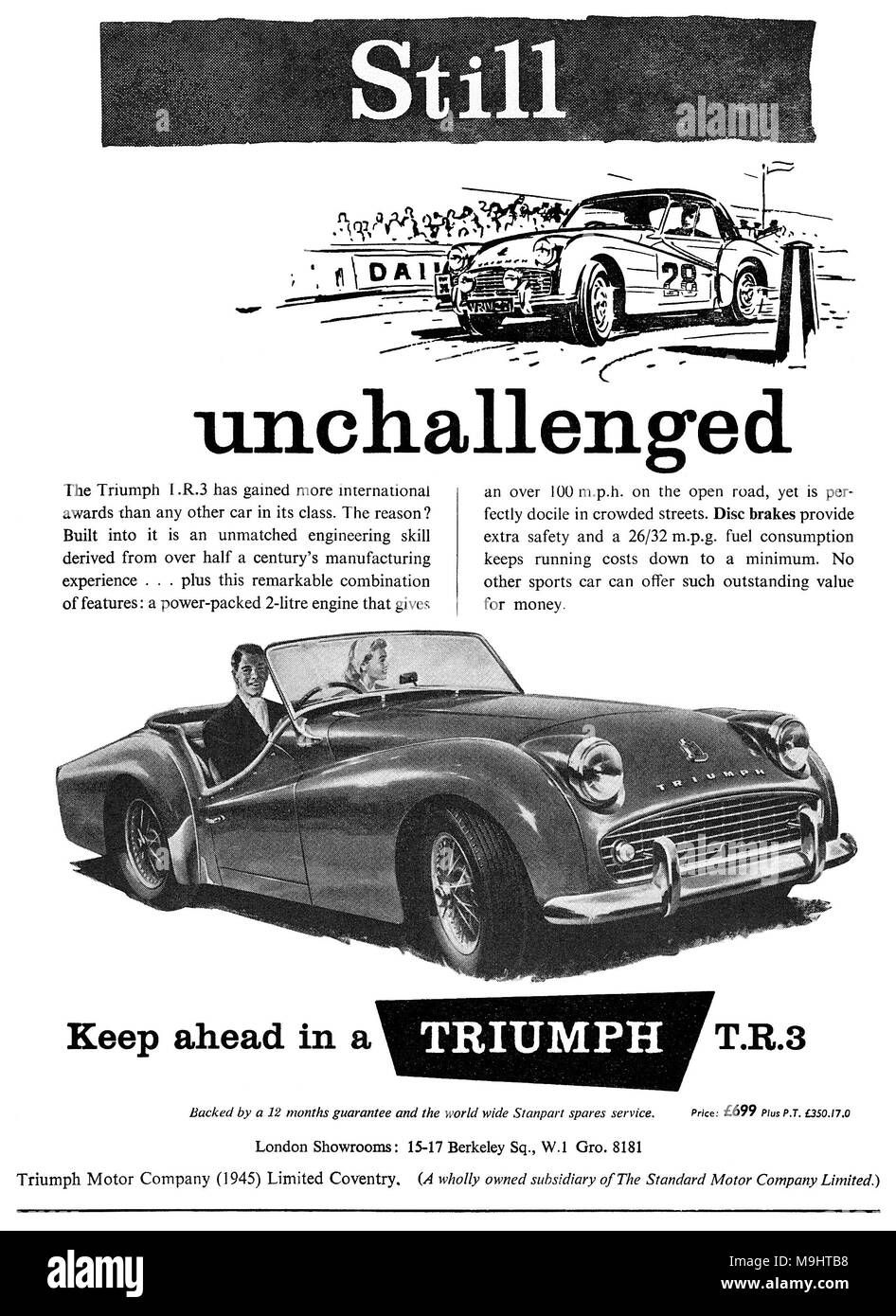 1958 British advertisement for the Triumph TR3 sports car. Stock Photo