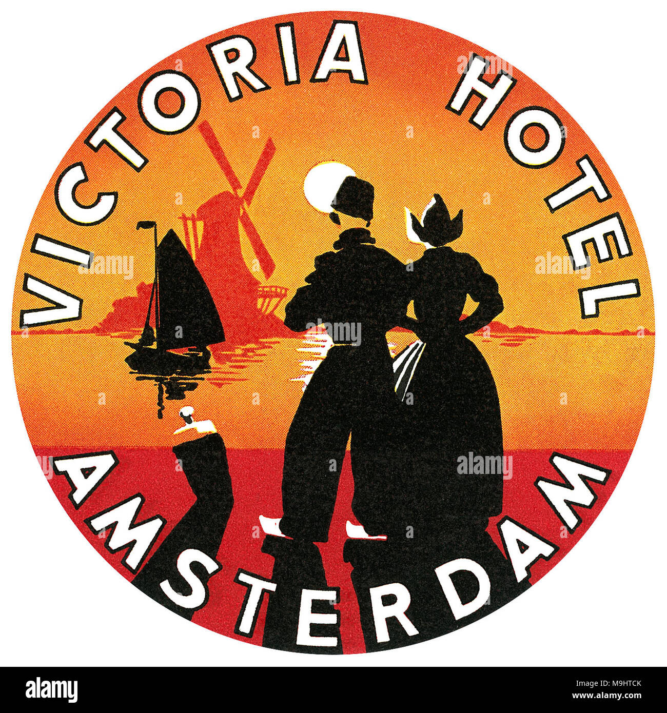 Vintage luggage label for the Victoria Hotel in Amsterdam, The Netherlands. Stock Photo