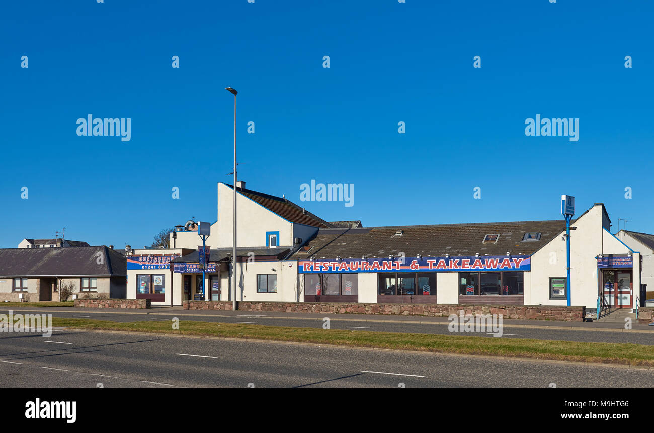 The Bell Rock Restaurant and Takeaway, a well known Chippie in Arbroath where you can get Fish and Chips, a local delicacy in Scotland. Stock Photo